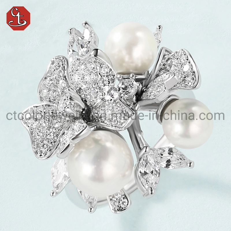 Fashion Jewellery Flower Pearl Women 925 Silver Rings Jewelry